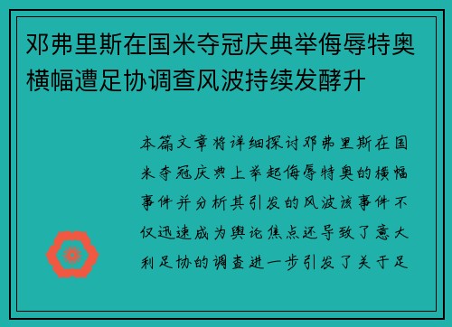 邓弗里斯在国米夺冠庆典举侮辱特奥横幅遭足协调查风波持续发酵升